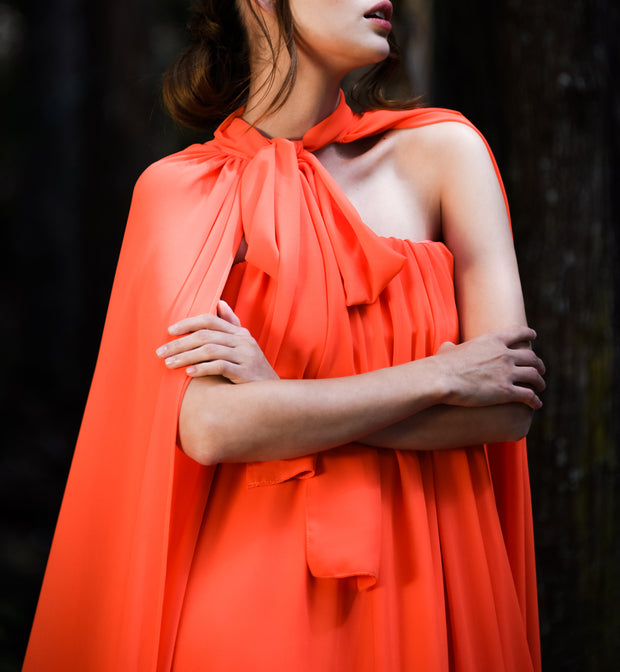 Bianca Orange Pleats Dress with Cape