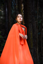 Bianca Orange Pleats Dress with Cape