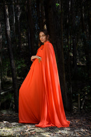 Bianca Orange Pleats Dress with Cape