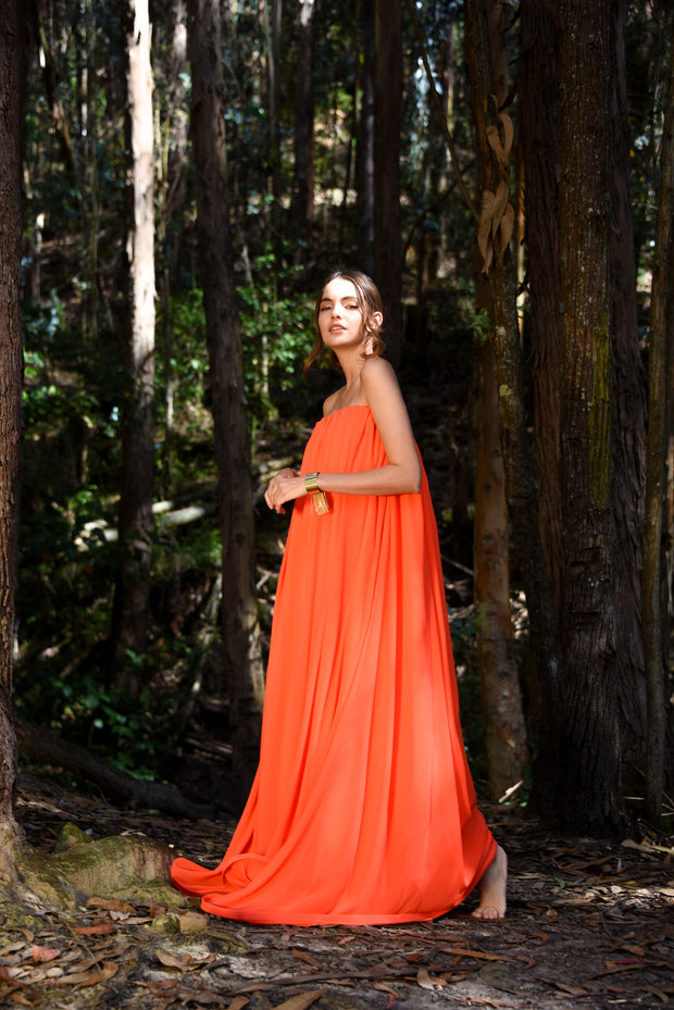 Bianca Orange Pleats Dress with Cape