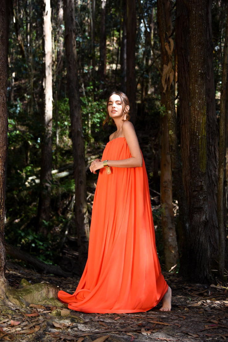 Bianca Orange Pleats Dress with Cape